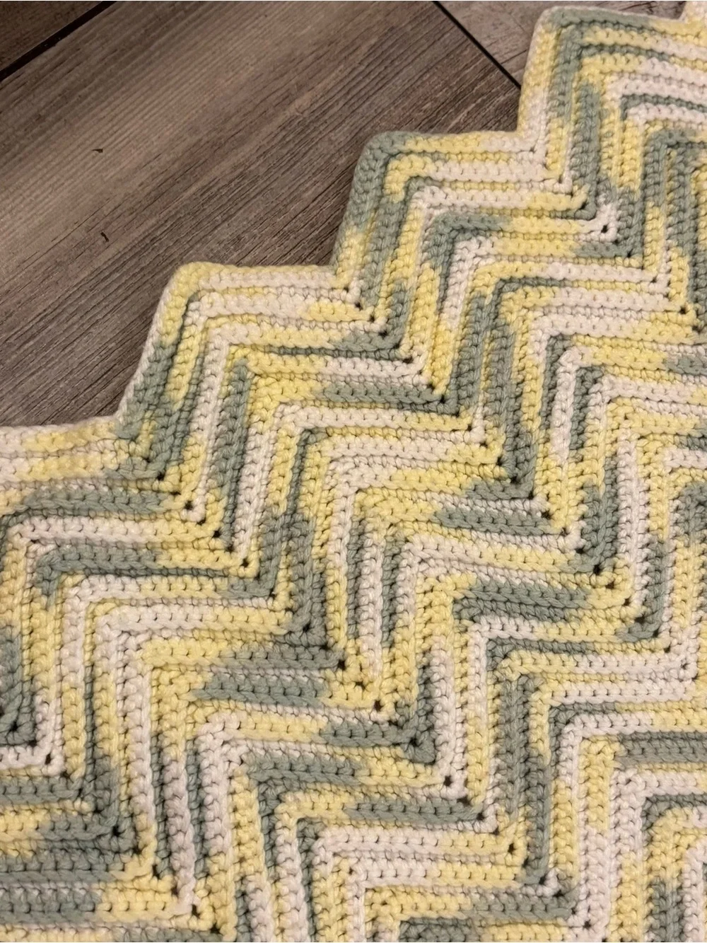 Handmade Chevron Baby Blanket in Yellow, Cream & Gray Ripple Stich Approx 30x30’